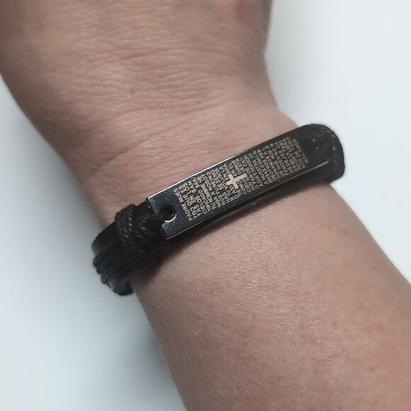 527 Spanish Prayer Black Leather Adjustable Slider‎ Bracelet - Picture 1 of 5
